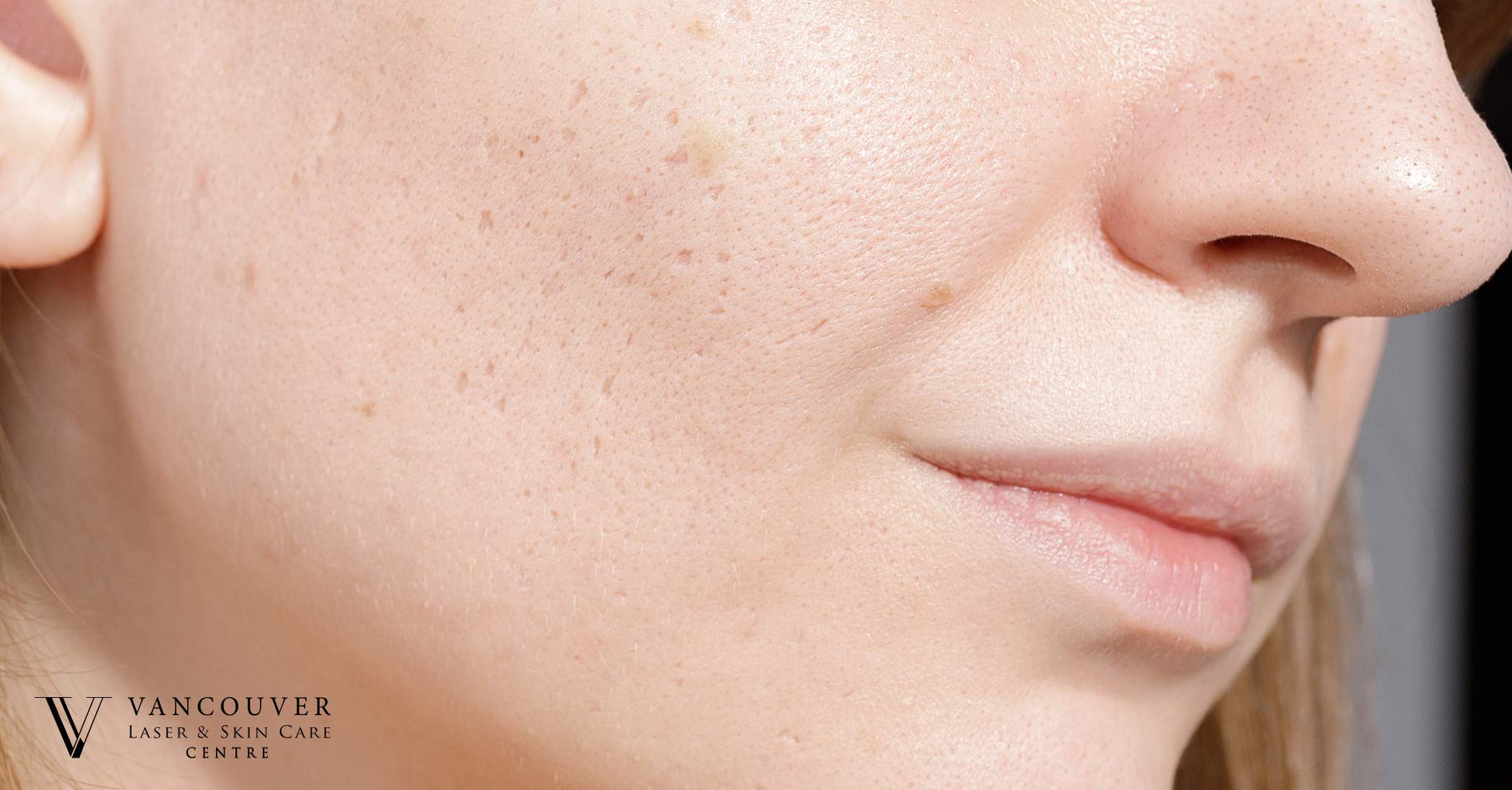 A close-up of a woman’s face displaying acne and rolling scars.